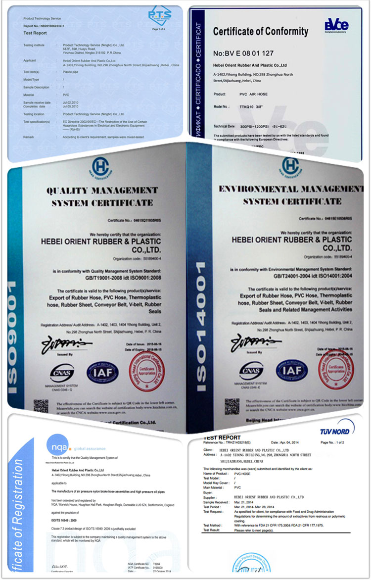 Certificate of pu pneumatic hose